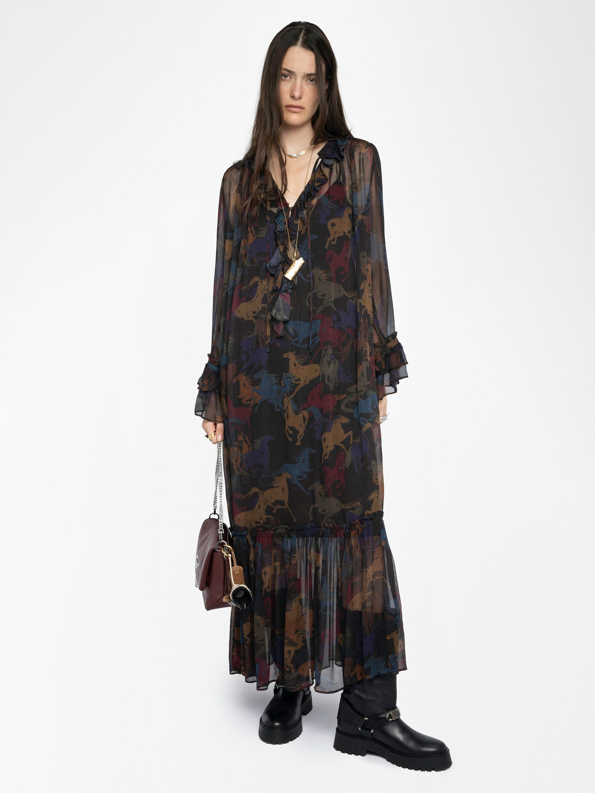 Ralicel Dress - Long draped dress in printed muslin, long sleeves.